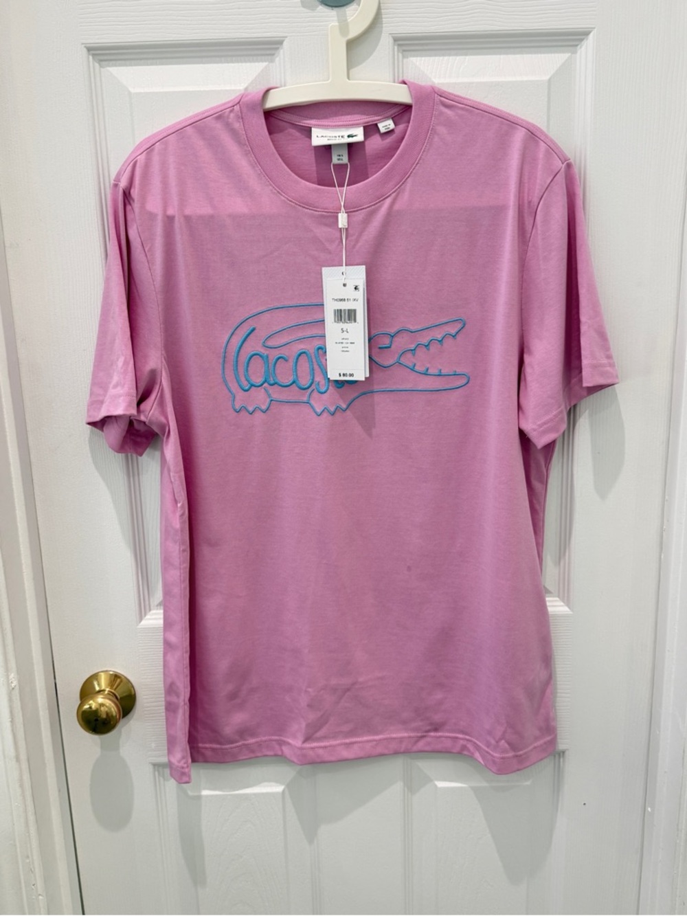 Lacoste Pink Tee with Blue Crocodile Outline